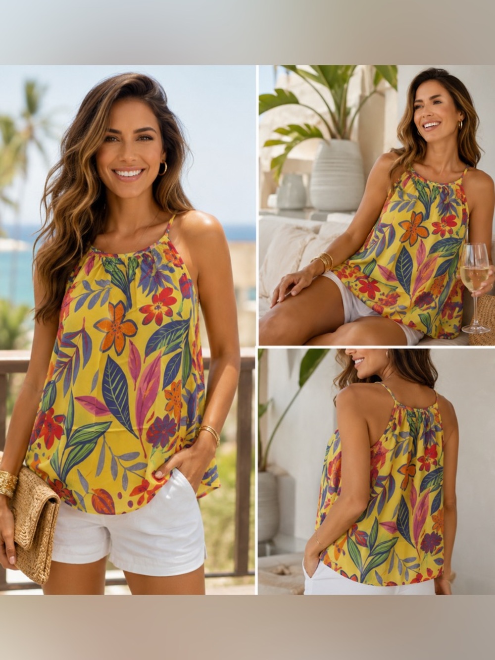Emily Wonder Tropical Floral Halter Tank Vacation Ready Blouse Island Chic Lemon